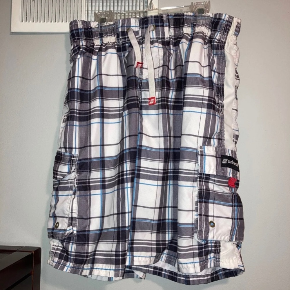surfmentality Plaid Swim Trunks. Size: M